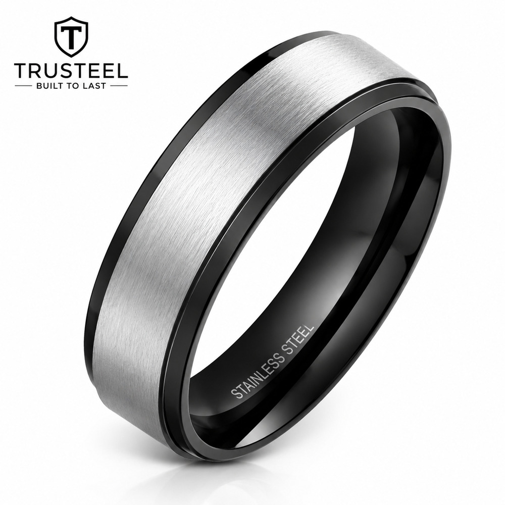 Men’s 316L Stainless Steel Ring Band Comfort Fit Silver black 6mm Size 13